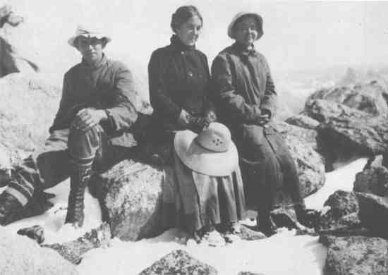Fig. 1. A group atop Wind River Peak on Aug. 4, 1913, including Cynthia Wilkes and Branson's wife, Grace Muriel Branson, with a student identified only as Adams (photo from Univ. of Missouri archives)