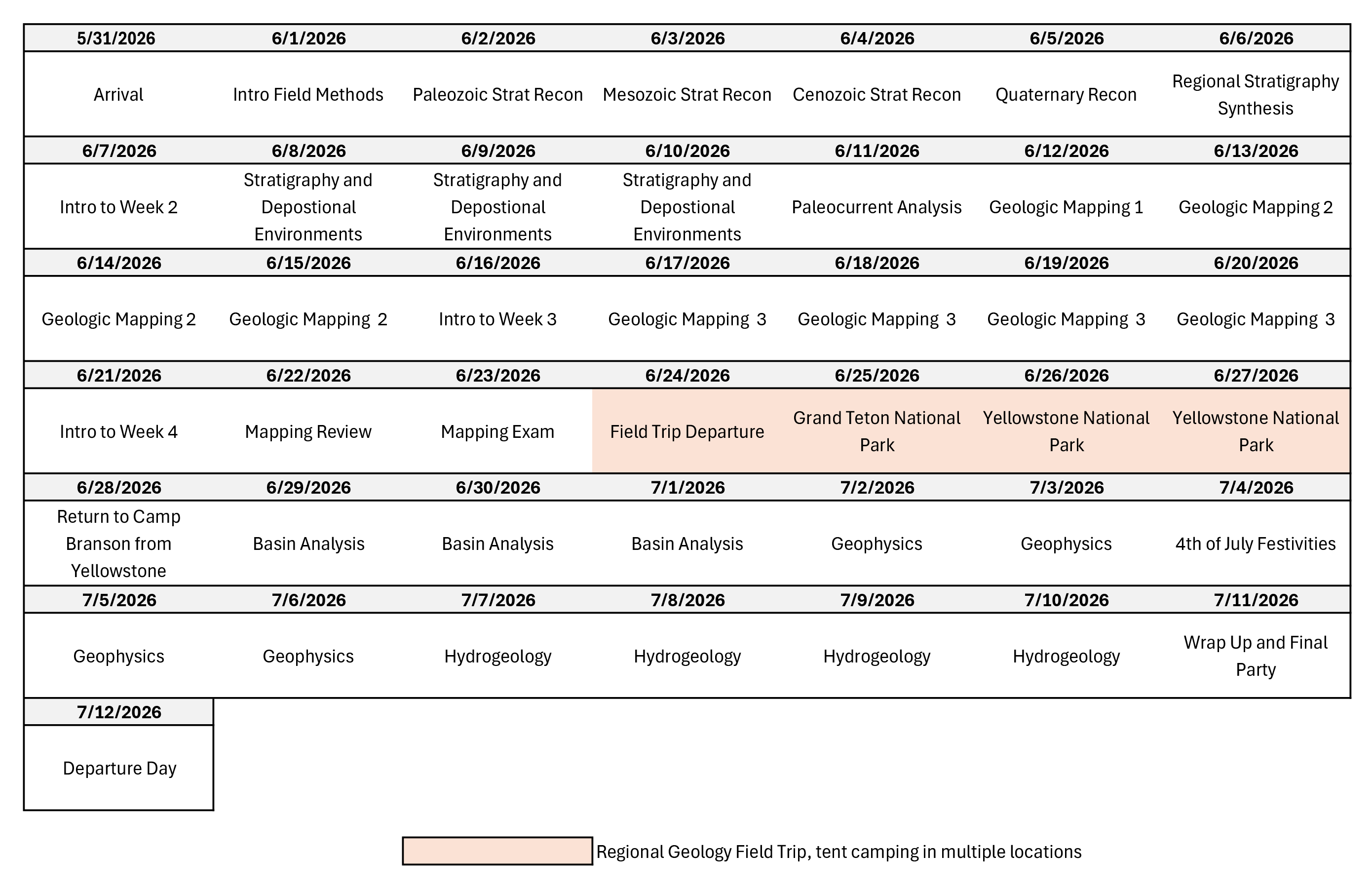 Field camp 2026 schedule