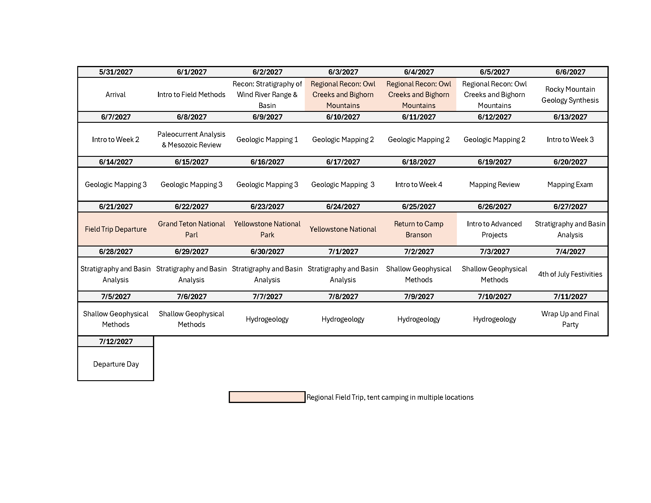 Summer 2027 schedule by day